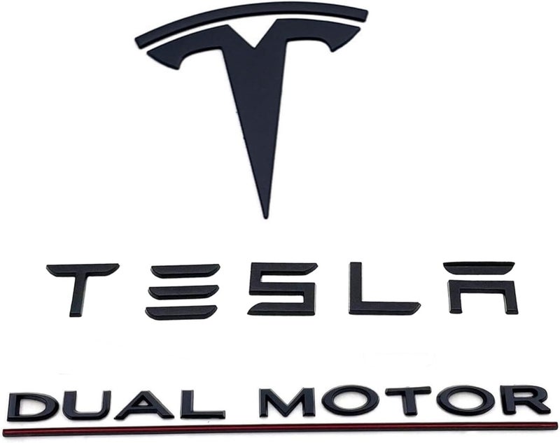 EVMIZE Metal Raised T Logo Tesla Letters Dual Motor Emblem Decal Sticker Matte Black Front Trunk Tailgate with 3M Adhesive for Tesla Model 3 Model Y Highland Juniper (Tesla Letters & T Logo & Dual Motor) - Image 1